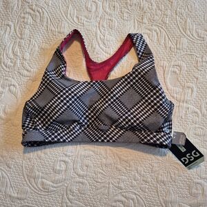DSG women's size Large Aspire Bra black and white plaid red lined NEW